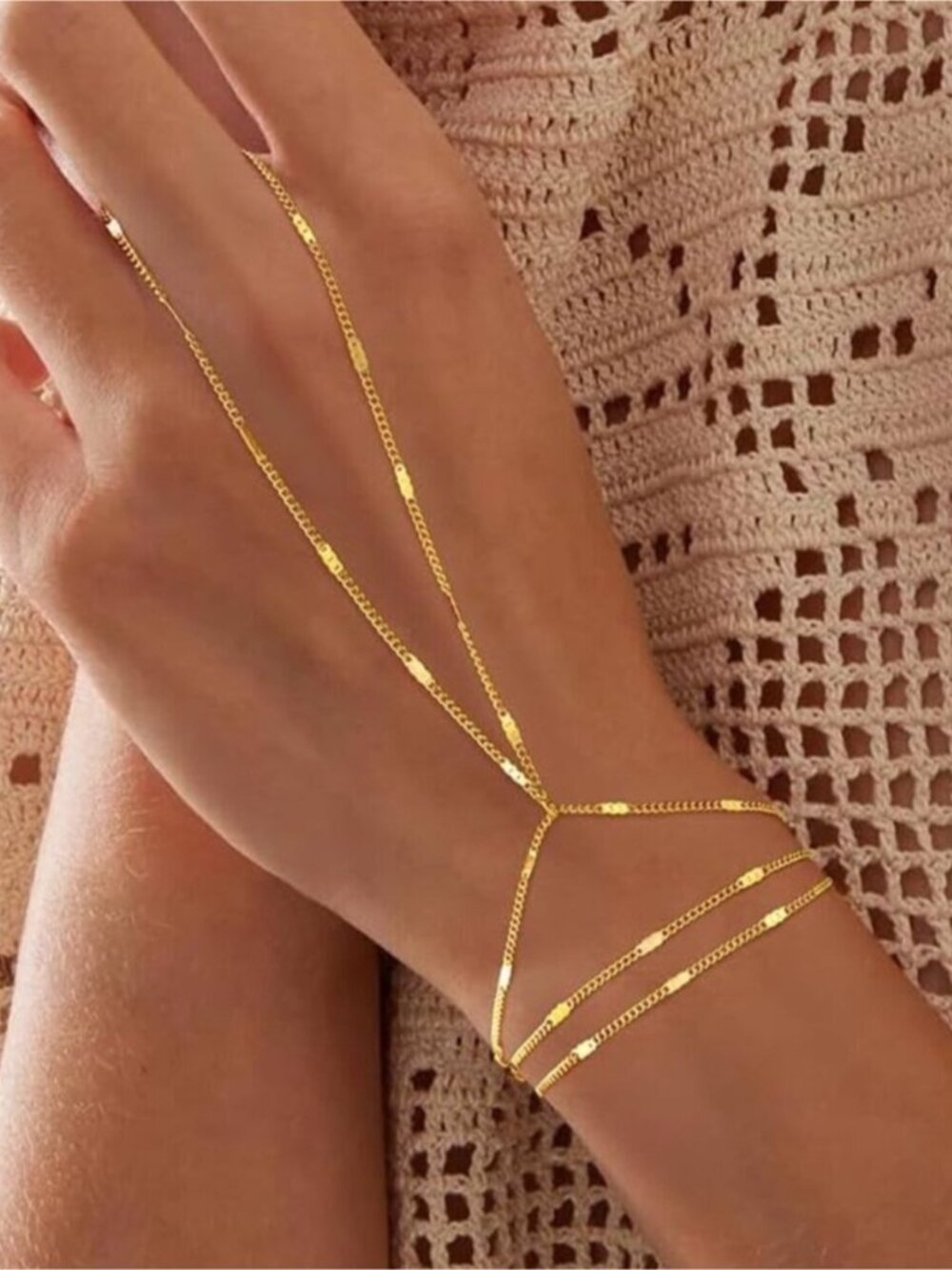 Dainty 14K Gold Plated Hand Chain Bracelet Layered Ring Jewelry